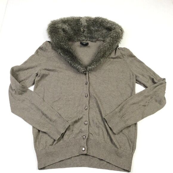 Ann Taylor Faux Fur Trim Cardigan Gray Button Sweater Long Sleeve PM Petites - Picture 1 of 11